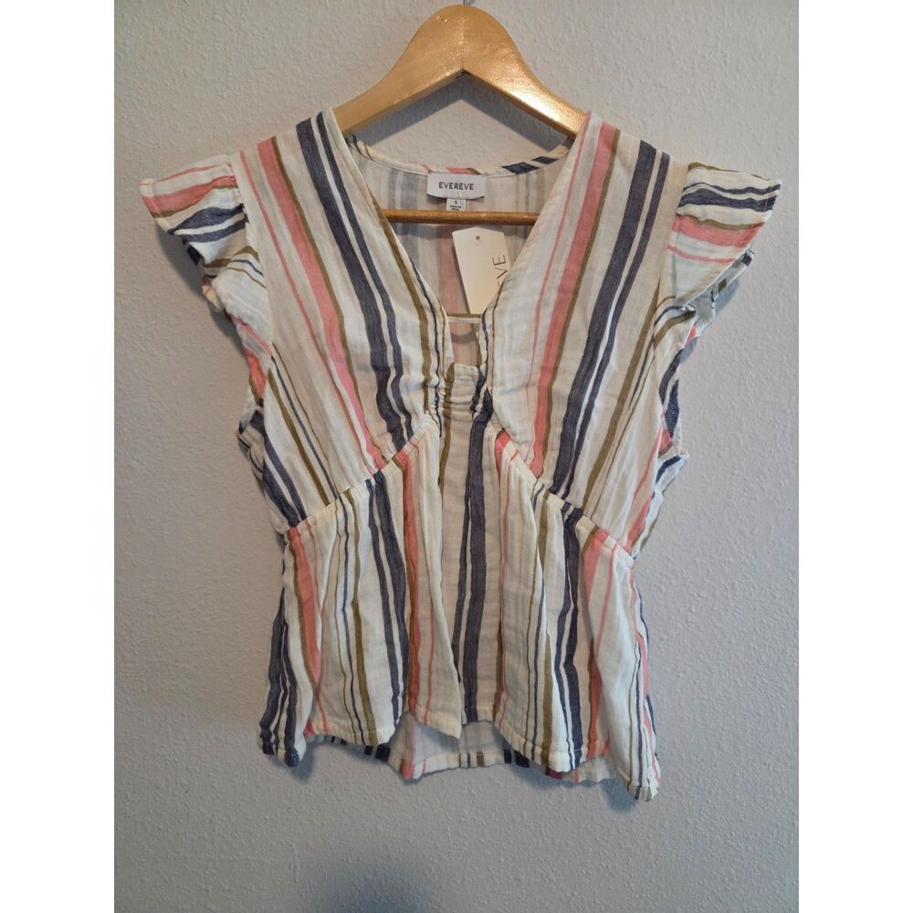 Evereve Striped Flutter Sleeve Blouse V Neck Multicolor NWT Women's Small